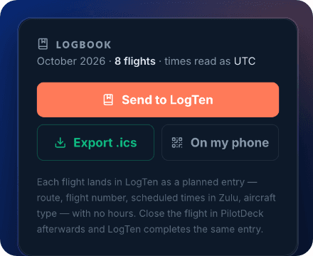 The Logbook panel on the Roster page, with the Send to LogTen button