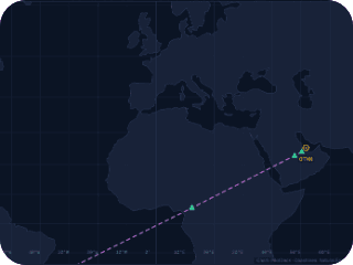 The PilotDeck moving map: the route from Doha drawn south-west across Africa, with the aircraft partway along it