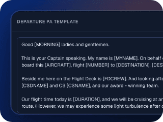 The departure PA template in PilotDeck with the flight's details filled in